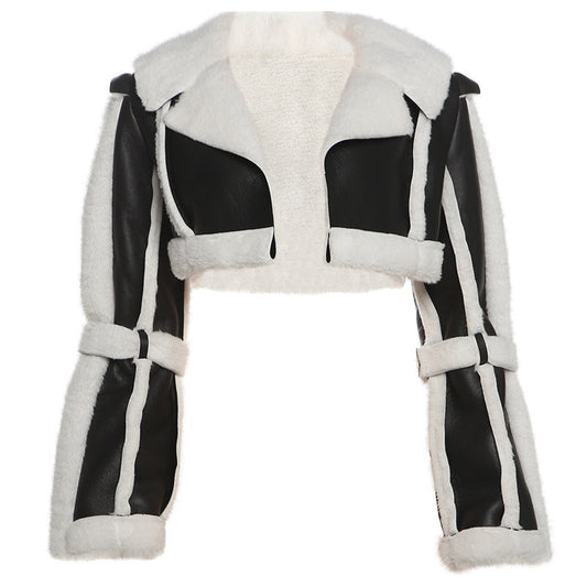 Women Clothing Street Faux Leather Stitching Short Fur Collar Cropped Coat - Black - Jackets