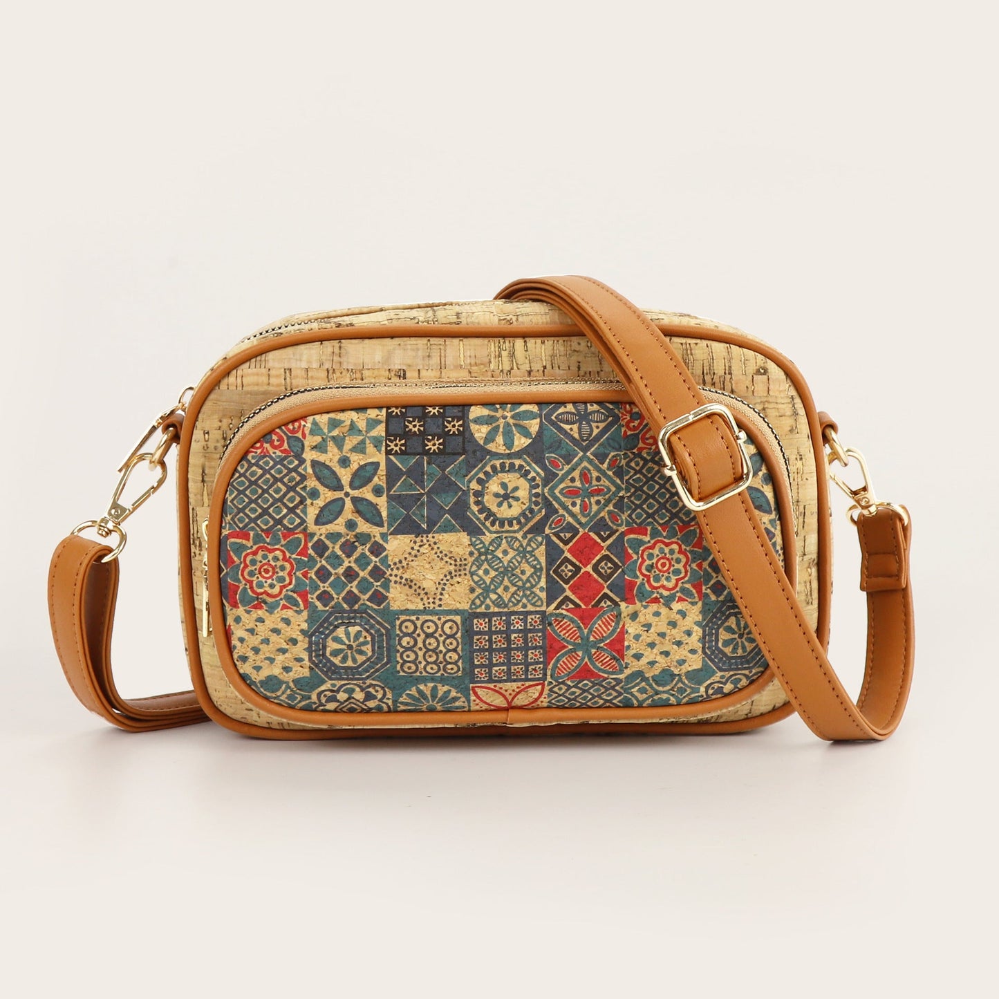 Cork pattern printed messenger bag, multi-pocket small crossbody women's bag, ethnic style contrasting color shoulder messenger bag, bohemian crossbody purse - Double-layer square bag (spot, customizable pattern) -