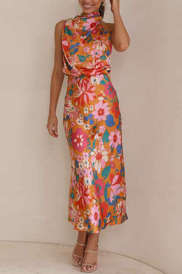 Sleeveless Strap Dress Slim Dress Satin Printing Temperament - orange -