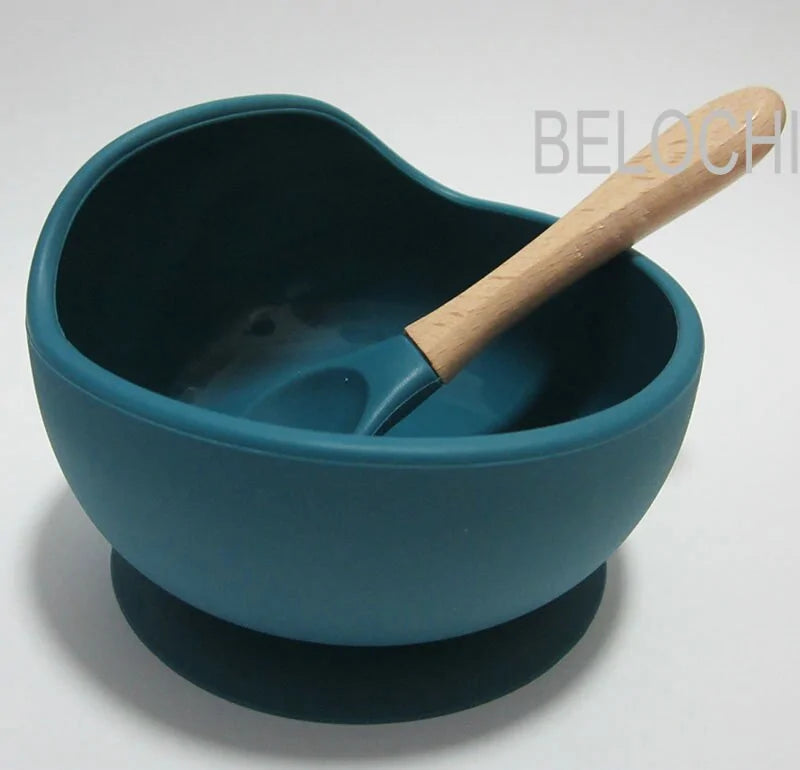 Baby Silicone Feeding Set with Wooden Handle Spoon Dark Blue