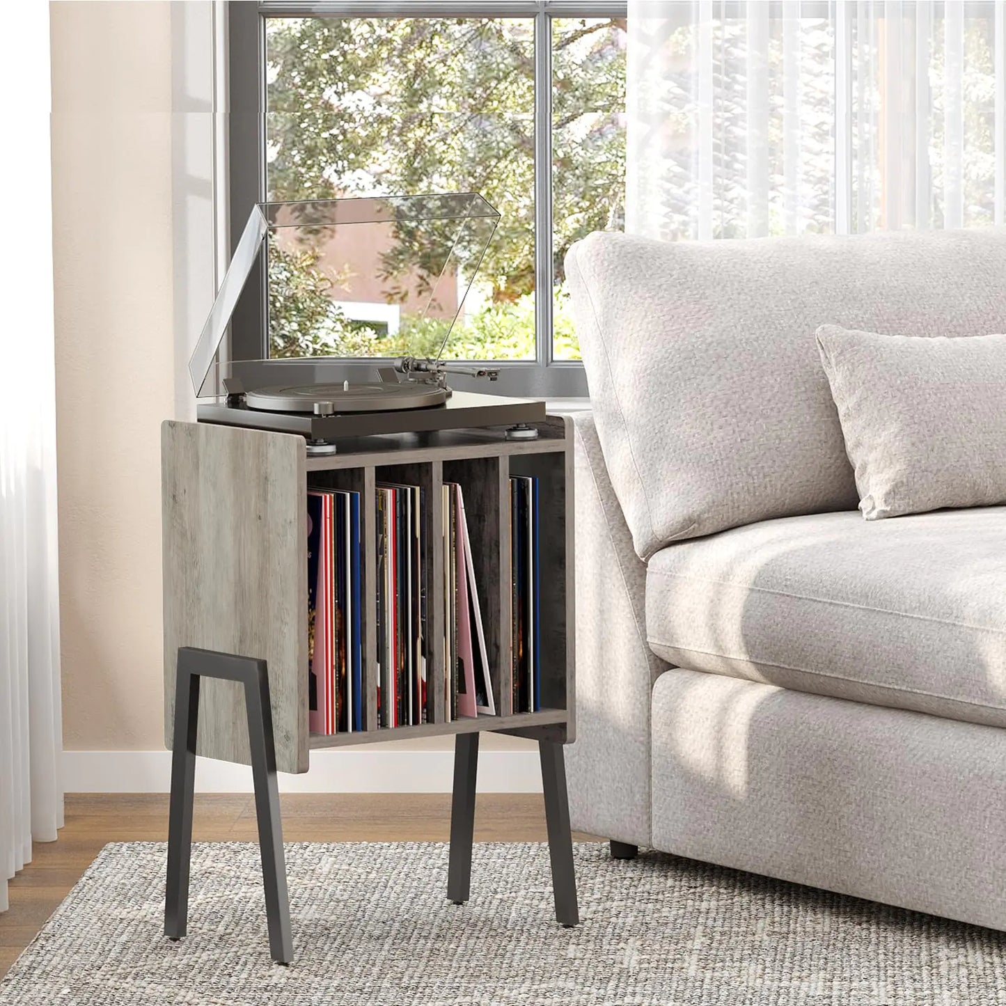 Grey Record Player Stand Storage Table End Table with Vinyl Holder Display Shelf - Kia Day Design