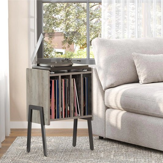 Grey Record Player Stand Storage Table End Table with Vinyl Holder Display Shelf - Kia Day Design