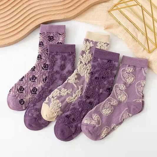 5 Pairs Flower Embroidered Socks - Kia Day Design