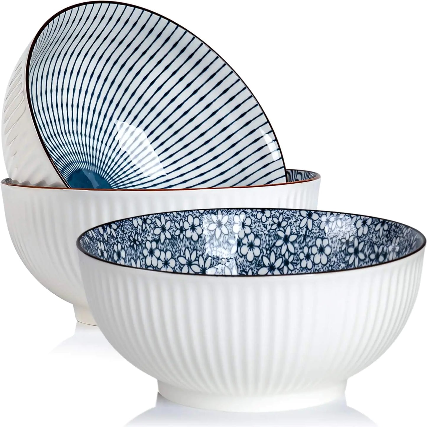 Set of 3 Blue and White Porcelain Ramen Bowl Set - - bowl set