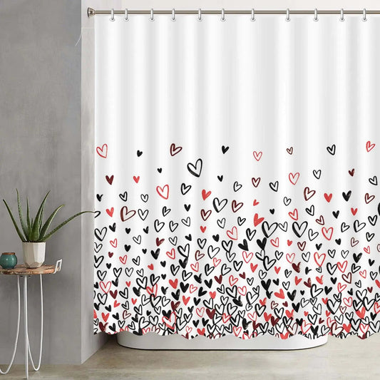 Black and Red Heart Polyester Fabric Shower Curtain with 12 Plastic Hooks - Kia Day Design