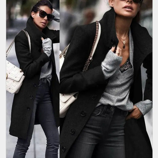 Winter Long Button Woolen Coat - Kia Day Design