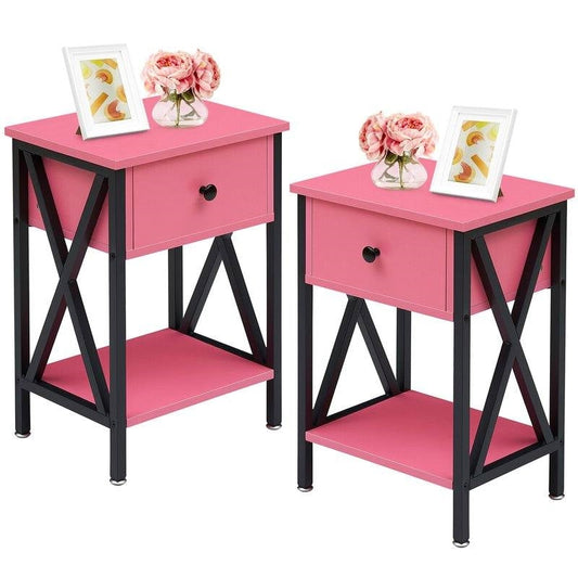 Set of 2 -Pink and Black 1-Drawer Nightstand Bedside Tables - - Bedroom > Nightstand and Dressers