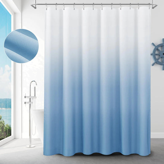 Light Blue Ombre Linen Textured Fabric Shower Curtain with Hooks - Kia Day Design