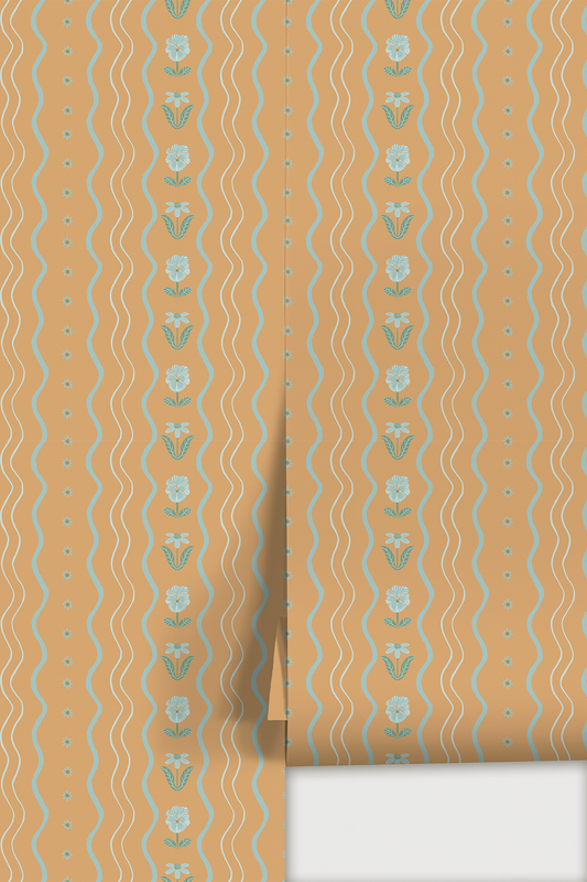 Posy Lane Stripe Wallpaper apricot and light blue - Peel & Stick LUXE - Wallpaper
