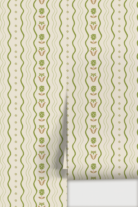 Posy Lane Stripe Wallpaper Beige and Green - Peel & Stick LUXE - Wallpaper