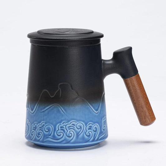 Auspicious Cloud Pattern Ceramic Mug with Wooden Handle - Kia Day Design