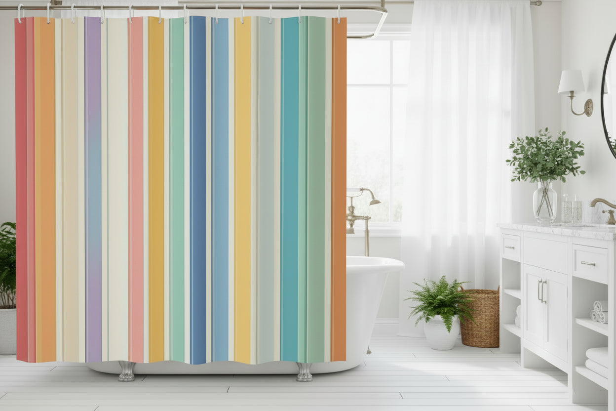 Vertical Striped Fabric Bathroom Shower Curtain with Hooks - Yellow Multicolor 69"W x 70"L (Pack of 1) - shower curtain