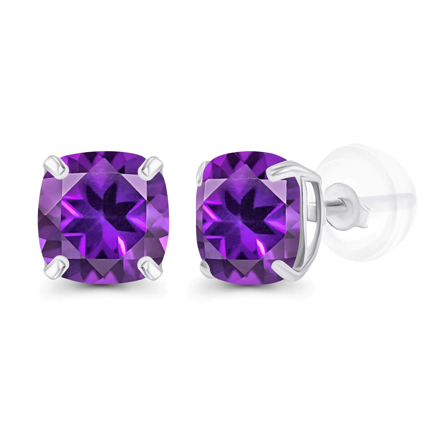 Genuine 925 Sterling Silver 6mm Cushion Natural Purple Amethyst Stud Earrings - - earrings