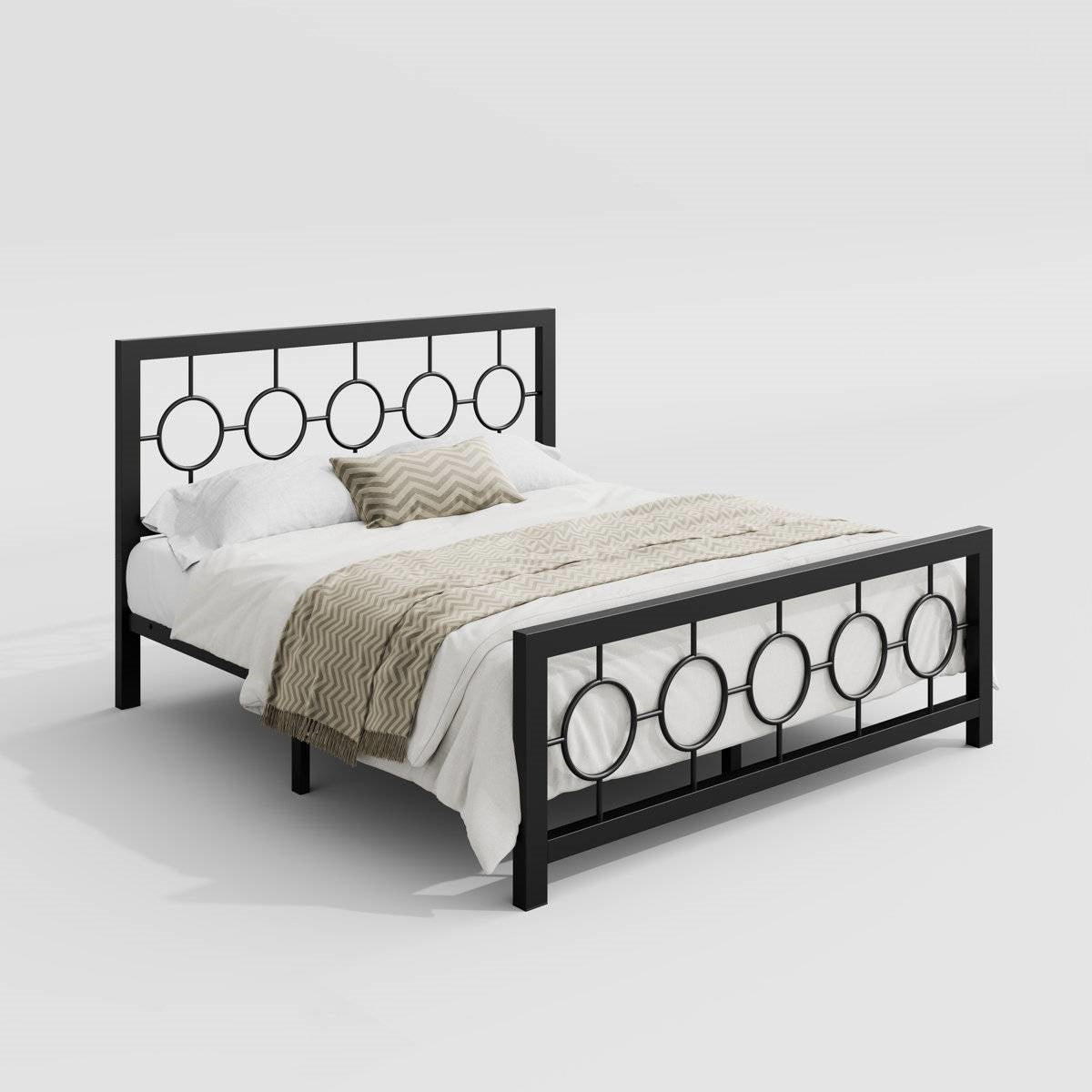 Queen Black Metal Platform Bed Frame with Circle Medallion Headboard Footboard - - Bedroom > Bed Frames > Metal Beds