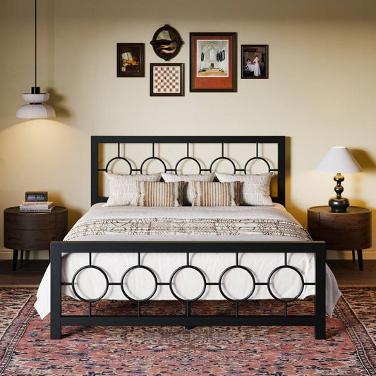 Queen Black Metal Platform Bed Frame with Circle Medallion Headboard Footboard - - Bedroom > Bed Frames > Metal Beds