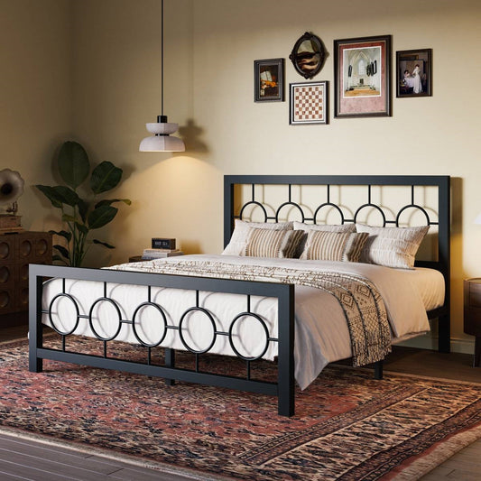 Queen Black Metal Platform Bed Frame with Circle Medallion Headboard Footboard - - Bedroom > Bed Frames > Metal Beds