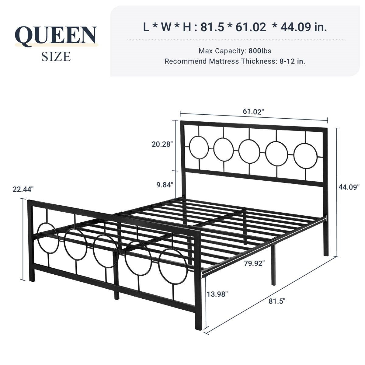 Queen Black Metal Platform Bed Frame with Circle Medallion Headboard Footboard - - Bedroom > Bed Frames > Metal Beds