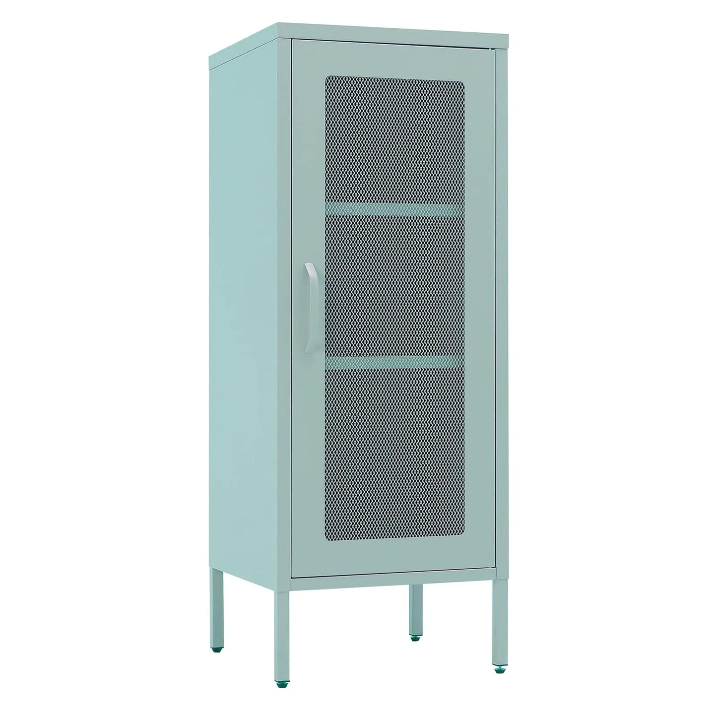 Slim Light Blue Metal Storage Cabinet with Mesh Door - Kia Day Design