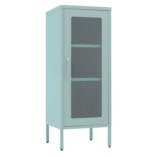 Slim Light Blue Metal Storage Cabinet with Mesh Door - Kia Day Design