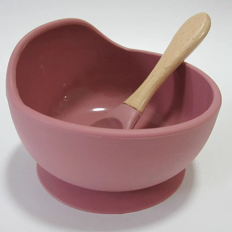 Baby Silicone Feeding Set with Wooden Handle Spoon dark pink