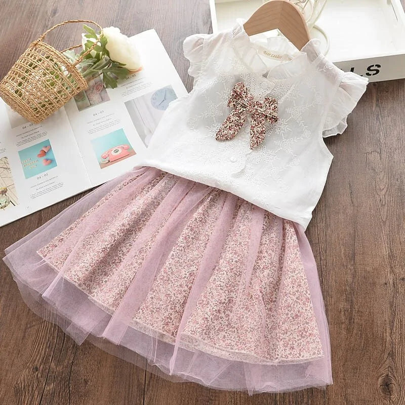 Girls Short Sleeve Polka Dot Skirt Set - Kia Day Design