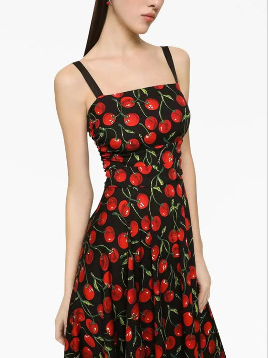 Floral Printed Cherry Belt Dress - Picture Color M - dress