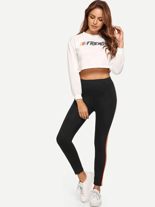 Slim Fit Nine-Point Pants with Rainbow Stripes - Black M - leggings