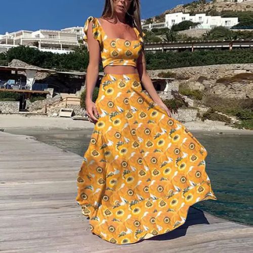 Floral Sleeveless Dress Two-Piece Set - Yellow - dress