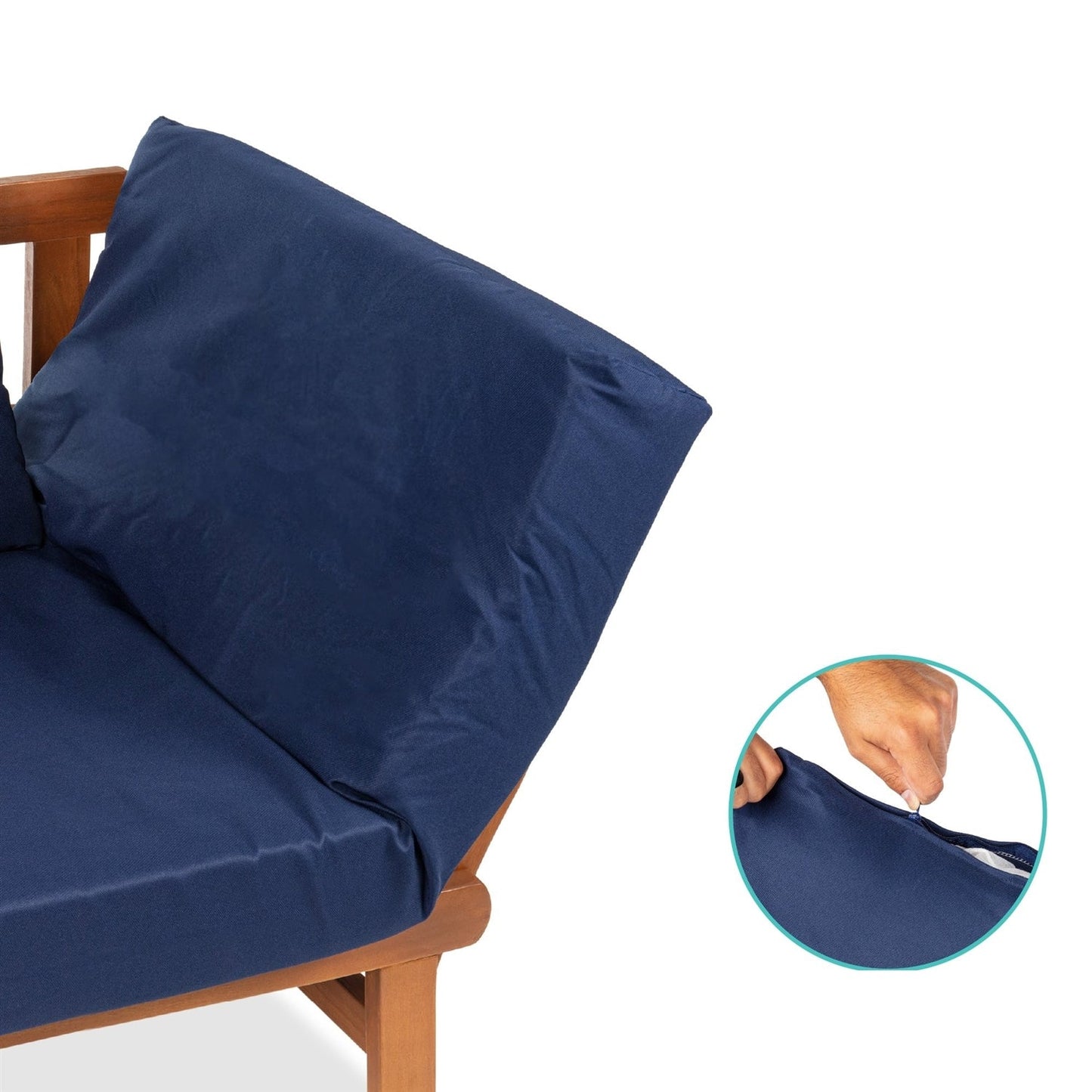 Navy Blue Outdoor Acacia Wood Convertible Sofa Futon with 4 Removable Pillows - - Outdoor > Outdoor Furniture > Patio Furniture Sets