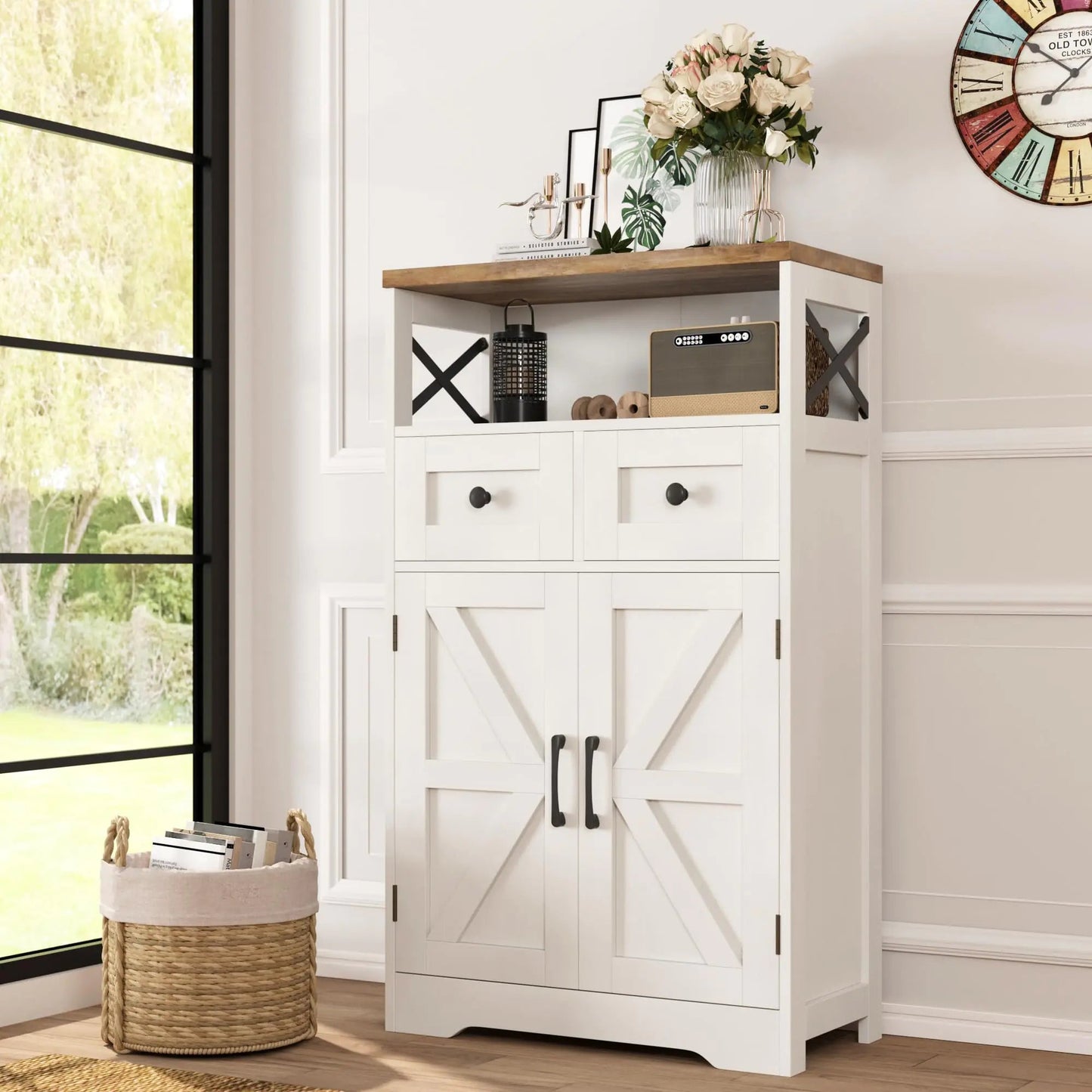 White Storage Cabinet with Doors and Drawers - Kia Day Design