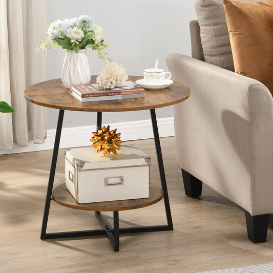 Two Shelf Round End Table with Metal Frame - Kia Day Design