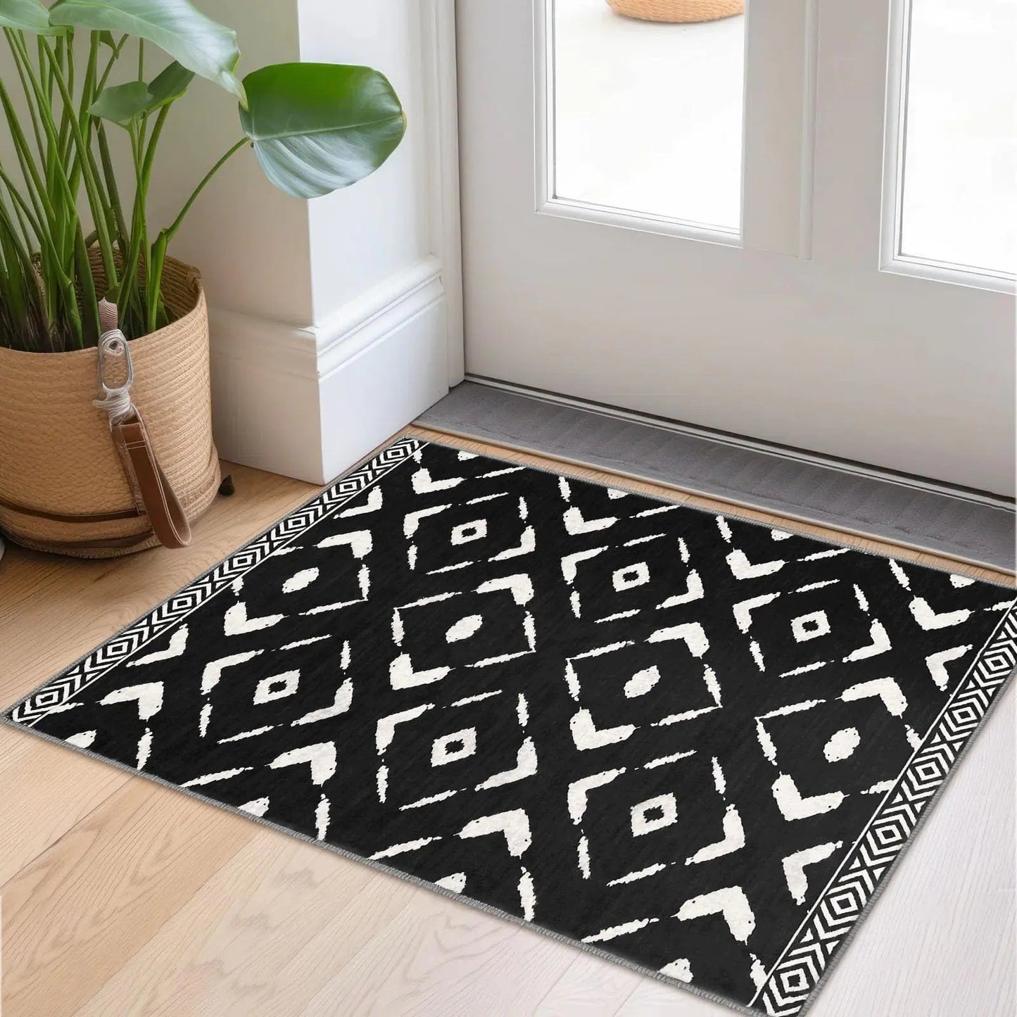 Black and White Area Rug Machine Washable Non Slip - Kia Day Design