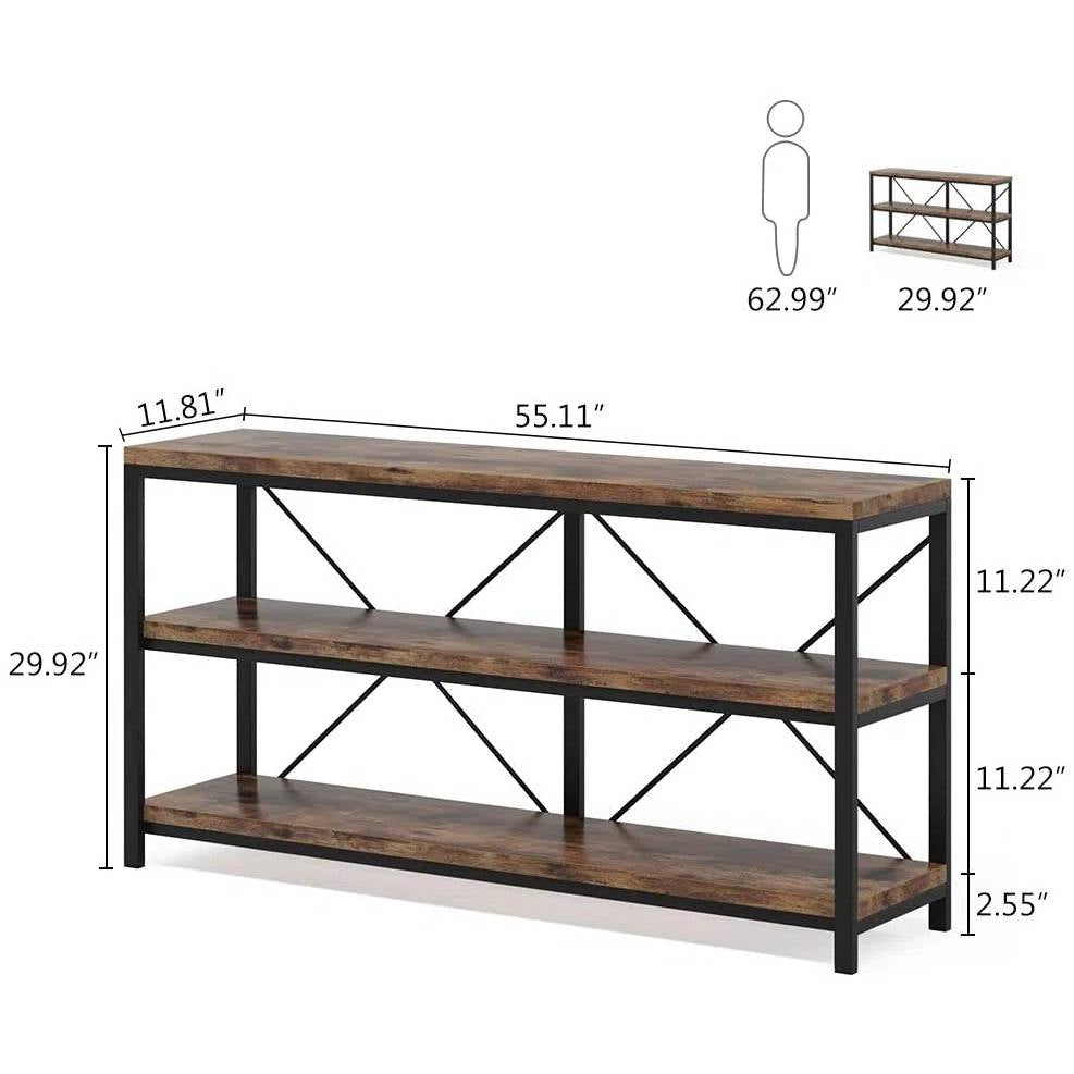 Industrial 55-inch Wood Shelf Console Sofa Table with Sturdy Black Metal Frame - - Living Room > Console & Sofa Tables