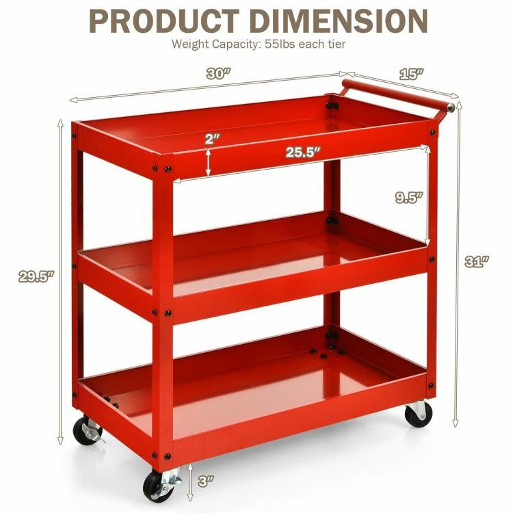 Red Steel Frame Kitchen Serving Utility Cart on Wheels with 2 Bottom Shelves - - Kitchen > Kitchen Carts