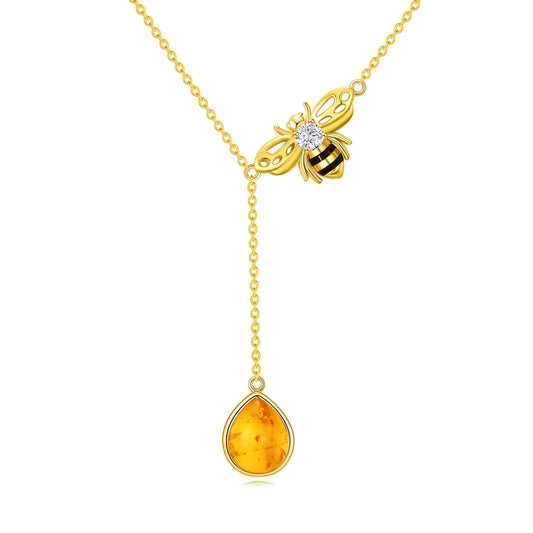 POPLYKE Gold Amber Bee Necklace Sterling Silver Gemstone Jewelry Y necklac for Women Charm Jewelry