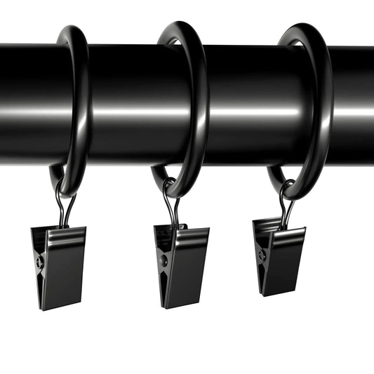 Black 20 Piece Curtain Rings with Clips - - curtain hooks