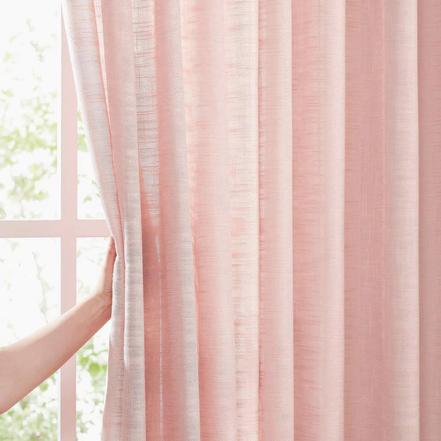Pink Linen Semi Sheer Curtains Blush Pink Curtains 96 Inches Long Textured 2 Panels Rod Pocket - Kia Day Design