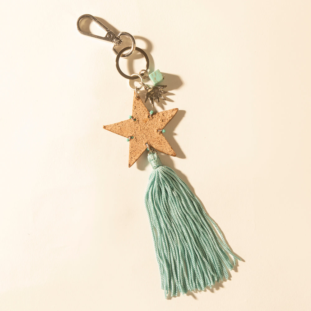 Myra Western Sky Beaded Fringe Handtooled Leather Key Fob in Ocean Blue- Myra USA- {{Product type}}