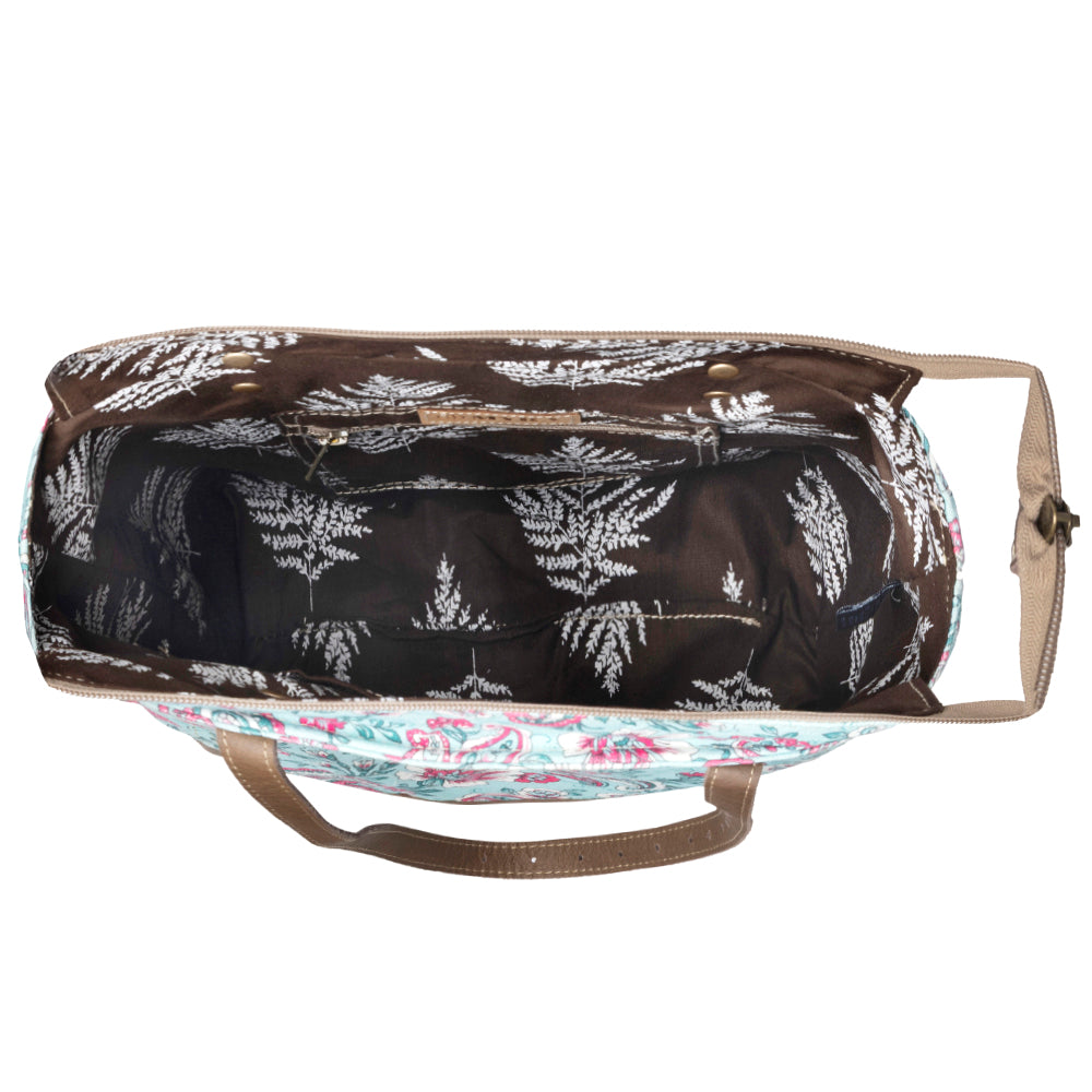 Myra Pinkpaisley upcycled canvas Tote Bag for Women in pink with leather detail- Myra USA- {{Product type}}