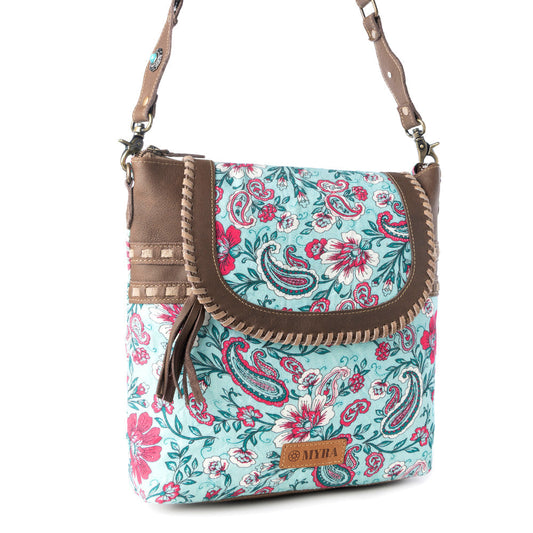 Myra Lagoon Lily upcycled canvas Bag for Women in blue with leather and weaved flap - - Up-Cycled Canvas Bag