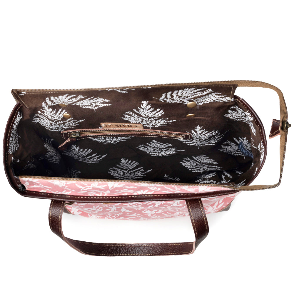 Myra Rose Vine Vintage Tote Bag for Women in pink with leather detail- Myra USA- {{Product type}}