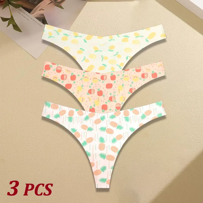 3Pcs Ultra-thin Seamless G-string Women Thongs Sexy Sweet Fruit Low-waist Panties Ladies Soft Cute Thongs Female S-XL T-Back - Set 5 -