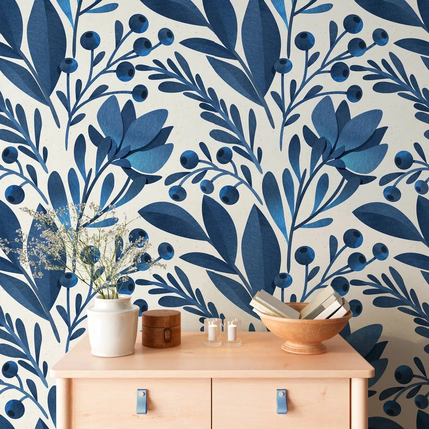 Blue Watercolor Floral Pattern Peel and Stick Wallpaper Kia Day Design