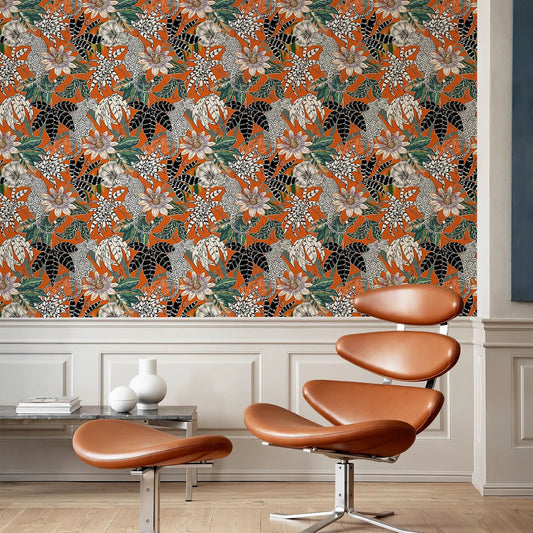 Orange Botanical Floral Vinyl Wallpaper Kia Day Design