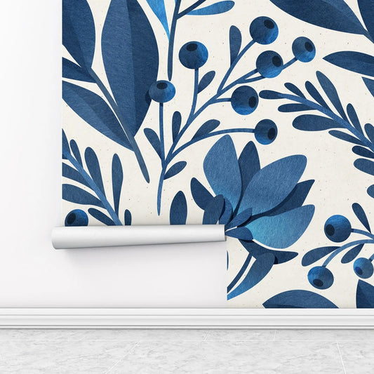 Blue Watercolor Floral Pattern Peel and Stick Wallpaper - - wallpaper