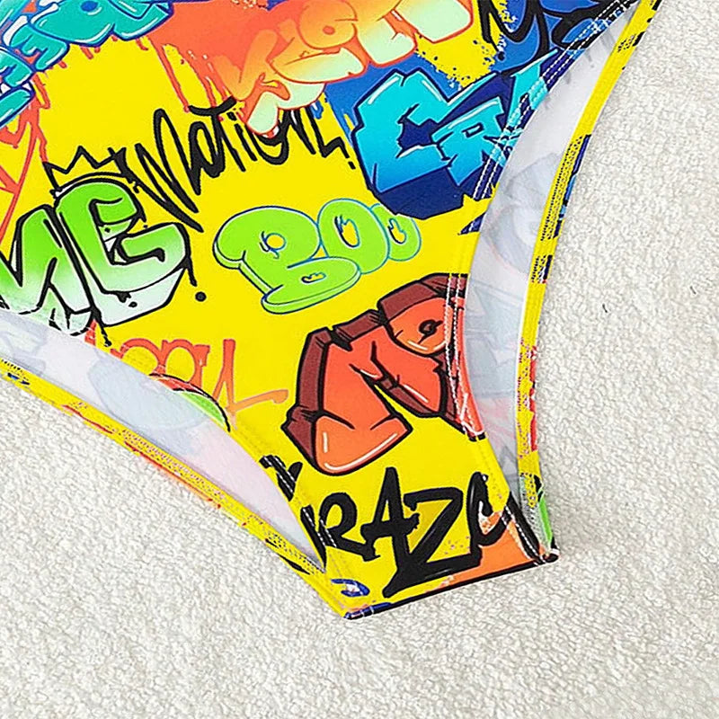 Vintage Yellow Abstract Print One Piece Swimsuit 2024 Women Hollow Out Holiday Bathing Suit Tummy Control Swimwear Beachwear - -