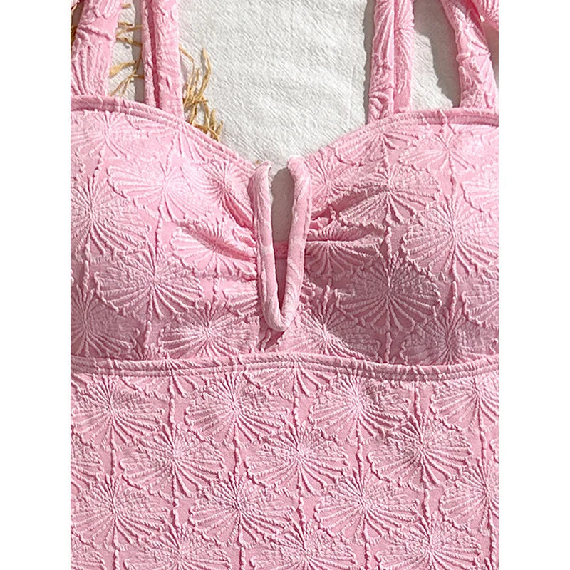 Vintage Pink Floral Print Swimwear Women 2026 Tie Strap V Neck Slim Tummy Control One Piece Swimsuit Beach Holiday Bathing Suits - -