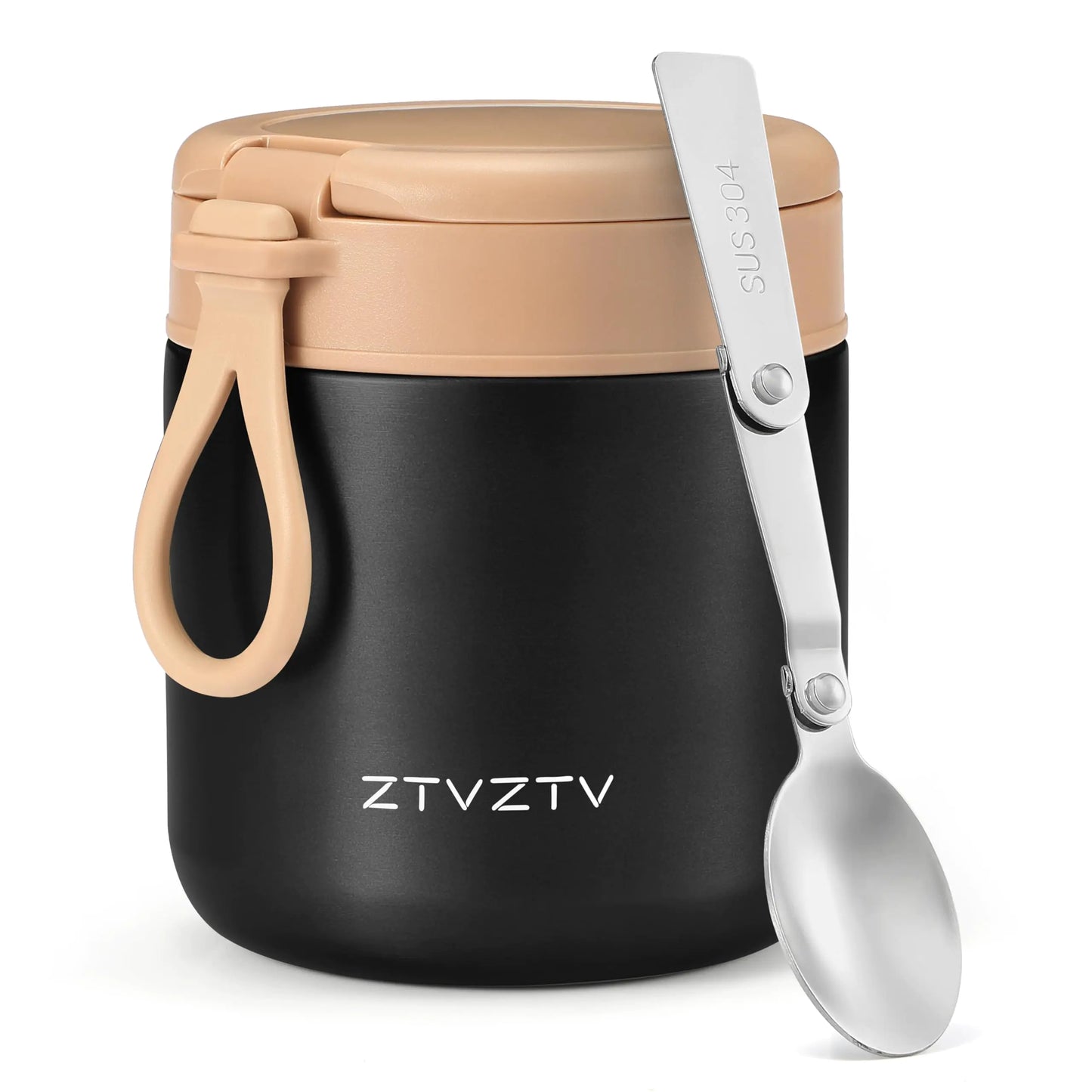 Insulated Food Thermos for Soup Width Mouth Stainless Steel Insulated with Folding Spoon Black - - thermos