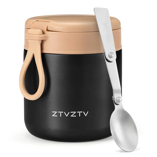 Insulated Food Thermos for Soup Width Mouth Stainless Steel Insulated with Folding Spoon Black - - thermos