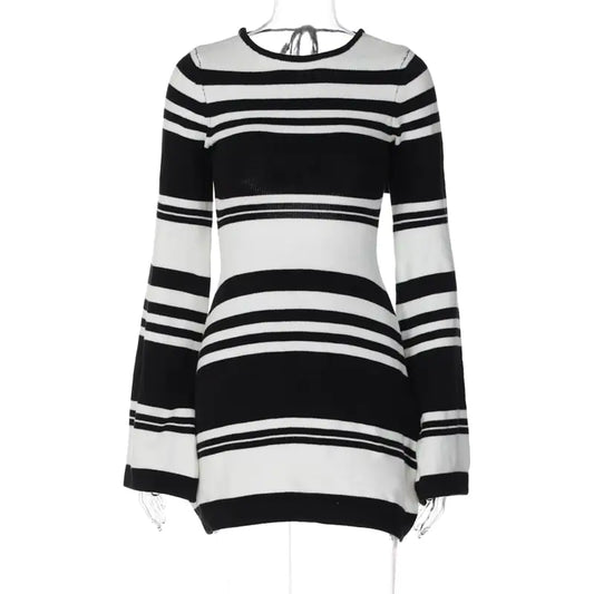 Striped Knitted Backless Sweater with Flare Sleeves - Kia Day Design